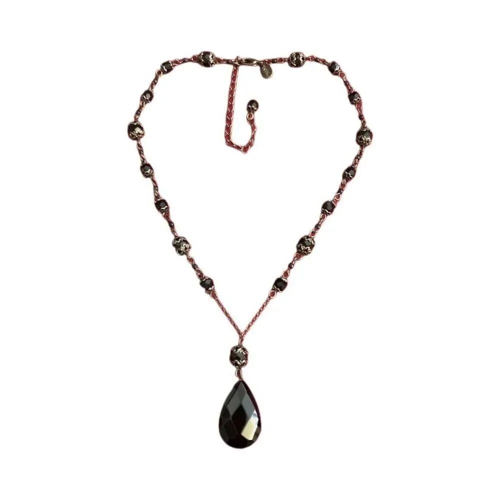Gorgeous 2028 Black Faceted Glass Pendant and Bead Dark Silvertone Chain